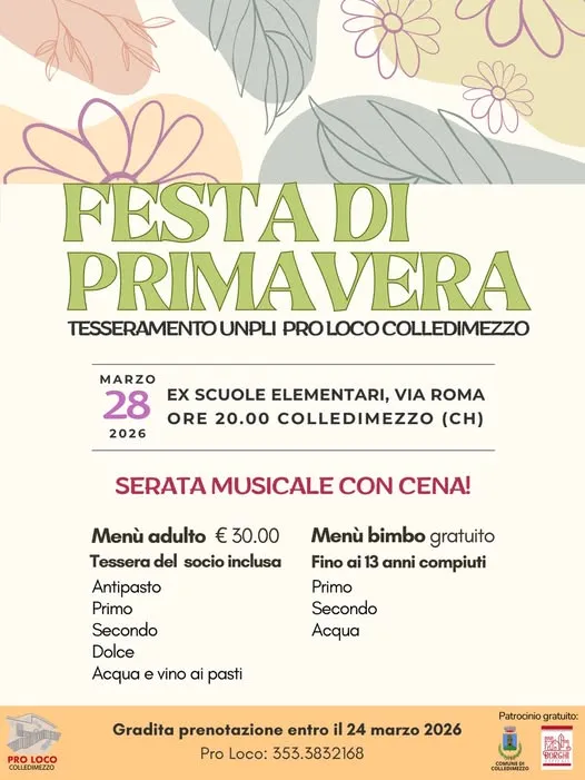 Festa di Primavera 2026 a Colledimezzo: musica, sapori e tradizione Festa di Primavera 2026 a Colledimezzo: musica, sapori e tradizione